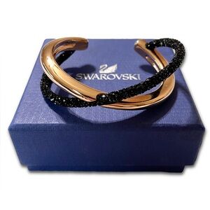Swarovski Rose Gold Black Crystal Cross Cuff Statement Bracelet Bangle Authentic